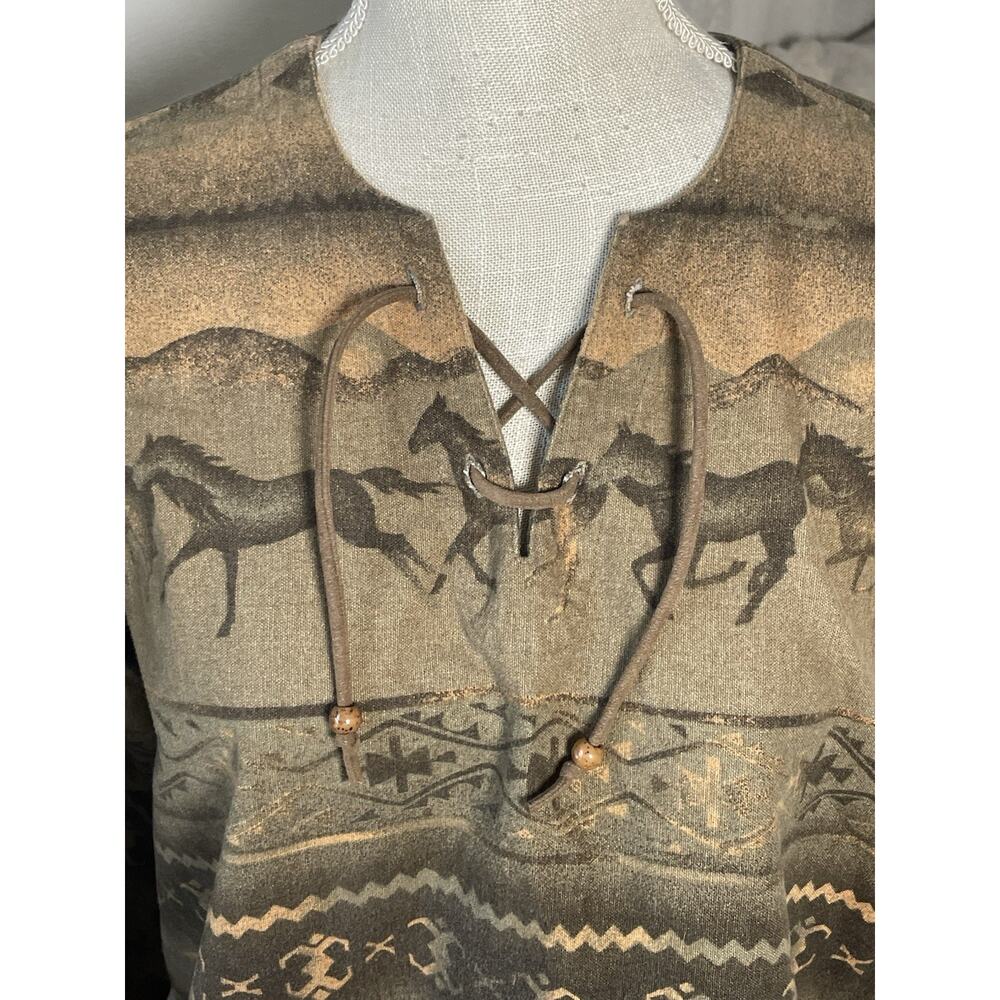 Cabelas Horse Aztec Lace Up Flannel Womens Size L Western Southwest Pullover - Picture 7 of 10